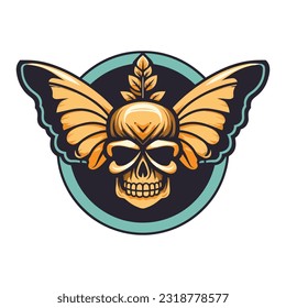 skull wearing a crown in butterfly body illustration hand drawn logo design