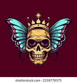 skull wearing a crown with butterfly wings illustration hand drawn logo design