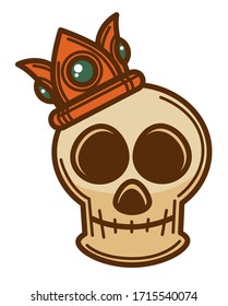 Skull wearing crown of gold decorated with precious stones and gems. Isolated icon of human head bones and symbol of monarchy and royal power, vintage style of drawing. Stylized vector in flat