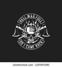 skull wearing fire fighter helmet and cross axe t shirt ilustration black and white