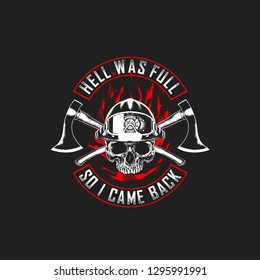 skull wearing fire fighter helmet and cross axe t shirt ilustration black and white