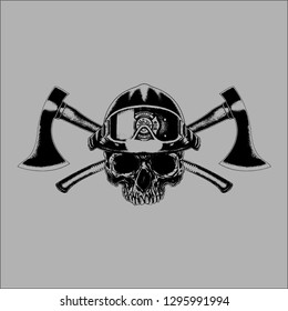 skull wearing fire fighter helmet and cross axe t shirt ilustration black and white