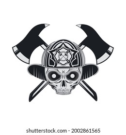 skull wearing firefighter helmet and axes