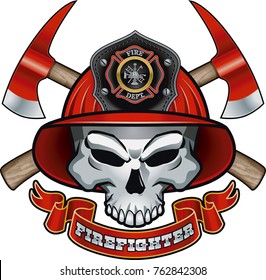 skull wearing fireman helmet, crossed axes and text firefighter