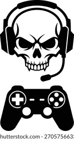 Caveira usando headset de jogo com um conceito de ilustração vetor controlador