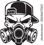 Skull Wearing Gas Mask and Baseball Cap Vector Illustration