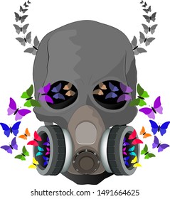 Skull wearing gas mask with butterflies representing the circle of life or mans tendency to destroy