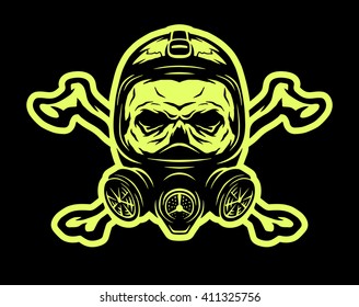 Skull wearing a gas mask and crossbones on a dark background.