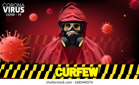 Skull Wearing  Gas Mask And Hazmat Suit.Curfew Corona Virus.Vector Illustration Of Realistic.