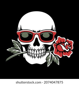 skull wearing glasses and biting a rose. For t-shirts, stickers and other similar products.