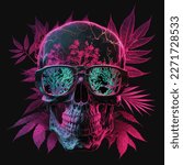 Skull wearing glasses and cannabis Weed Leaf in bright color Vector illustrations, Logo, mascot, t-shirt, stickers and Label designs, poster