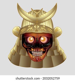 skull wearing a golden samurai helmet