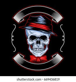 Skull Wearing Hat and Bow ties, with ribbon on black background