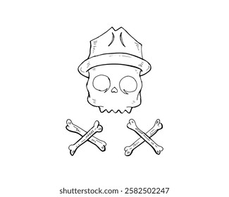 Skull wearing a hat with crossbones doodle cartoon hand-drawn logo.