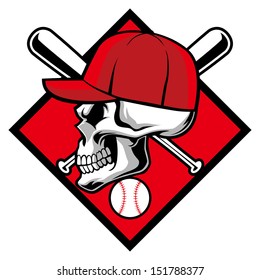 skull wearing hat and crossed baseball bat