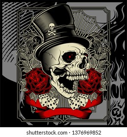 skull wearing hat and dice rose decoration -vector