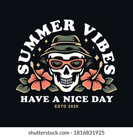 skull wearing a hat and glasses with hibiscus flowers. vector illustration