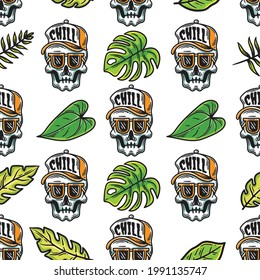 skull wearing hat and glasses with tropical leaves ornament seamless pattern