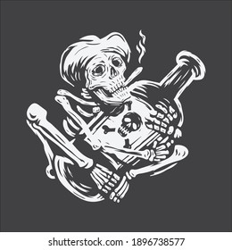 skull wearing hat and smoke cigarette holding a big bottle vector illustration.