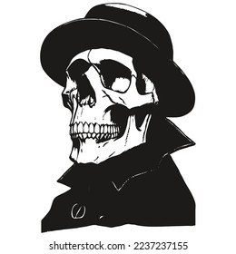 skull wearing hat vector hand drawn ,black and white clip art
