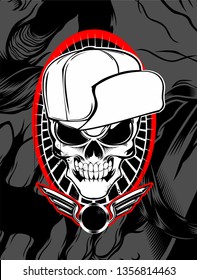 skull wearing hat vector.hand drawing,Shirt designs, biker, disk jockey , gentleman, barber and many others.isolated and easy to edit. Vector Illustration - Vector