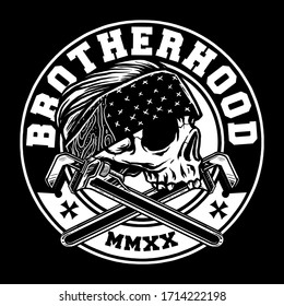 skull wearing head ban or bandana and cross wrench brotherhood rider vector illustration