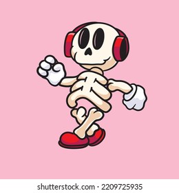 Skull Wearing Headphone Cartoon Mascot Vector Design Fun Enjoy
