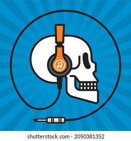 Skull wearing headphones badge design.
Vector illustration of human skull listening to music with modern headphones. Cord or wire makes a circle around the image. Contemporary bold outline style.
