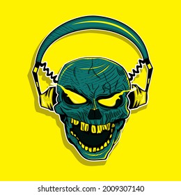 Skull wearing headphones. Yellow background. Music enthusiast. Audiophile. Creepy face. Music fans.