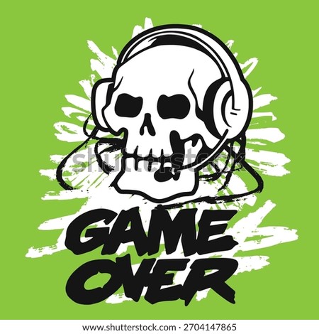 A skull wearing a headset appears in the center surrounded by a vibrant green background. The text Game Over is boldly displayed below adding a playful yet edgy vibe to the design.