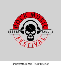 skull wearing headset in a circle that says music festival, great for loud music concert logo icon. vector flat abstract design.