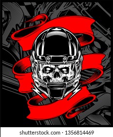 skull wearing a helmet with banner.vector hand drawing,Shirt designs, biker, disk jockey, gentleman, barber and many others.isolated and easy to edit. Vector Illustration - Vector