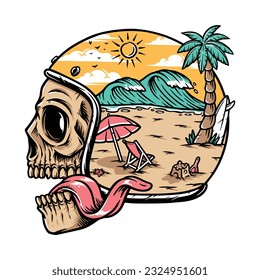 skull wearing helmet and beach scene