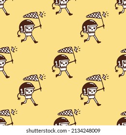 Skull wearing helmet catching thunder, seamless pattern background illustration for t-shirt, sticker, or apparel merchandise. With doodle, retro, and cartoon style.