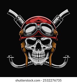 skull wearing helmet, with crossed exhausts, vector illustration