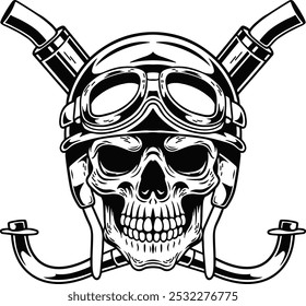 skull wearing helmet, with crossed exhausts, vector illustration