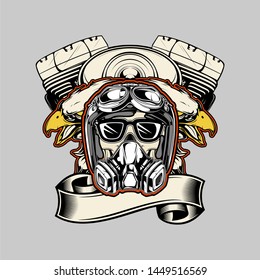 skull wearing helmet, eagle and machine ,bikers hand drawing vector