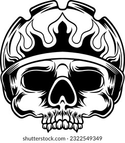 A skull wearing a helmet with a fire pattern