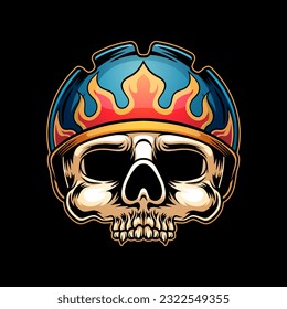 A skull wearing a helmet with a fire pattern