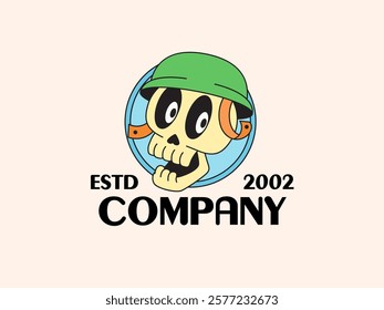 Skull wearing helmet logo cartoon hand drawn retro vintage vector for clothing lines, skate shops, and alternative lifestyle