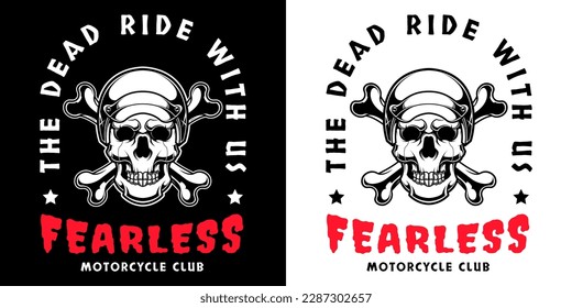 Skull wearing helmet motorcycle and Crossbones in black and white vintage monochrome style isolated