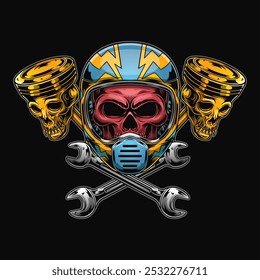 skull wearing helmet , with skull piston , vector illustration