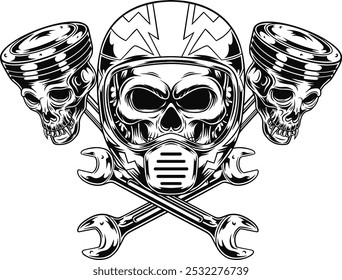 skull wearing helmet , with skull piston , vector illustration