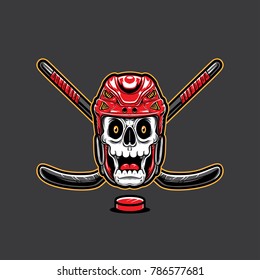 Skull wearing hockey helmet and hockey sticks crossed