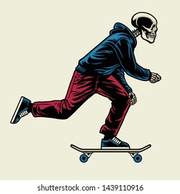 skull wearing hoodie enjoying ride skateboard