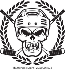 skull wearing ice hockey helmet, laurel wreath and crossing ice hockey sticks