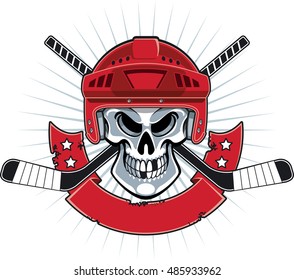 skull wearing ice hockey helmet, banner and crossing ice hockey sticks