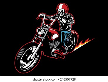 skull wearing a leather biker jacket and ride a motorcycle 