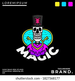 Skull wearing magic hat illustration with hipster style. Vector graphics for t-shirt prints and other uses.