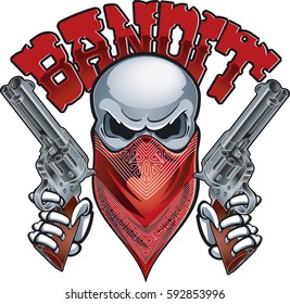 skull wearing mask, holding revolvers and text bandit